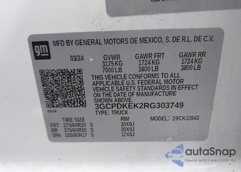 2024 Chevrolet Silverado 1500 4Wd Short Bed Lt With 2Fl z USA, uszkodzony, nr VIN 3GCPDKEK2RG303749